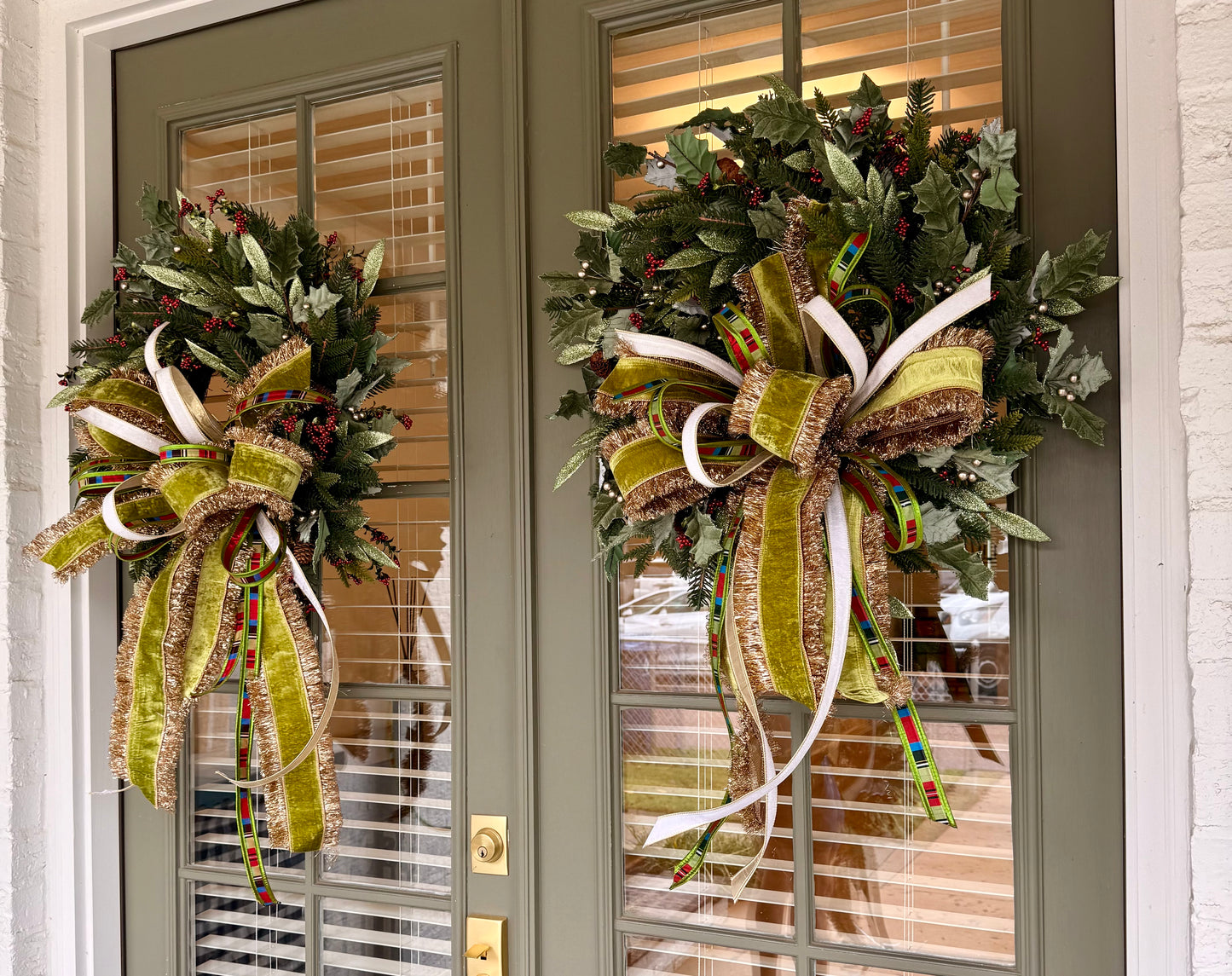 Fringe Bow wreath. Handmade wreath by JME with a JM hand-tied bow. About 24 inches wide