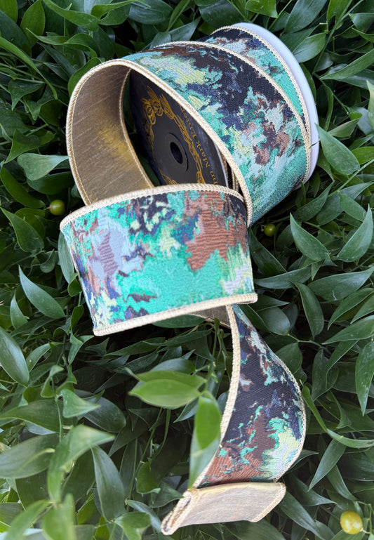 MULTI COLOR/METALLIC/METALLIC DUPION FUSED 2.5"x10YD GREEN/GOLD HEAVY WIRED RIBBON