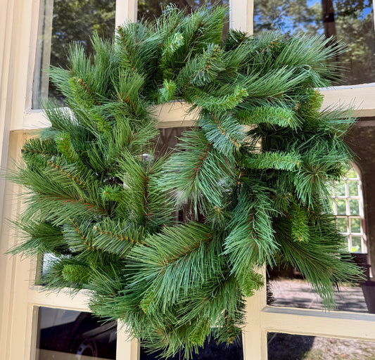 Plain full wreath, great for working in picks and ribbons. 24inches. Faux branches. Each branch is bendable.