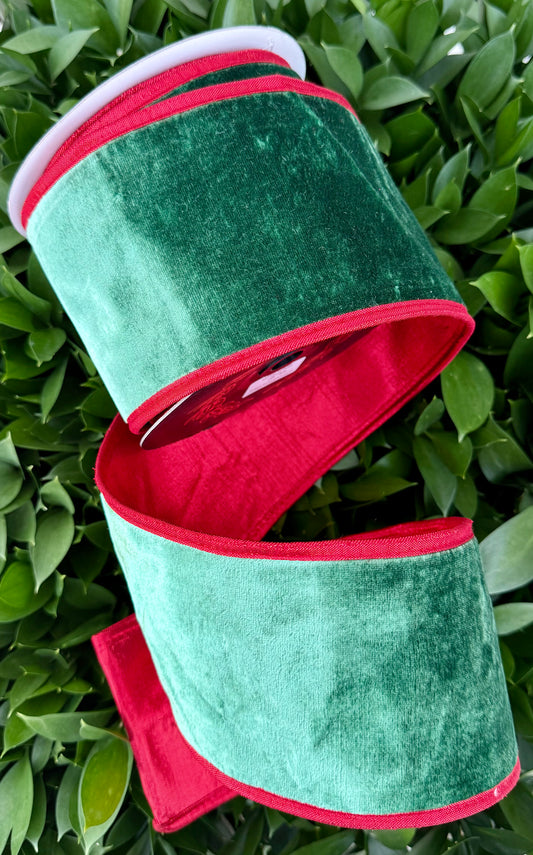 JME heavy wired ribbon. GREEN Velvet with Red Metallic Back
