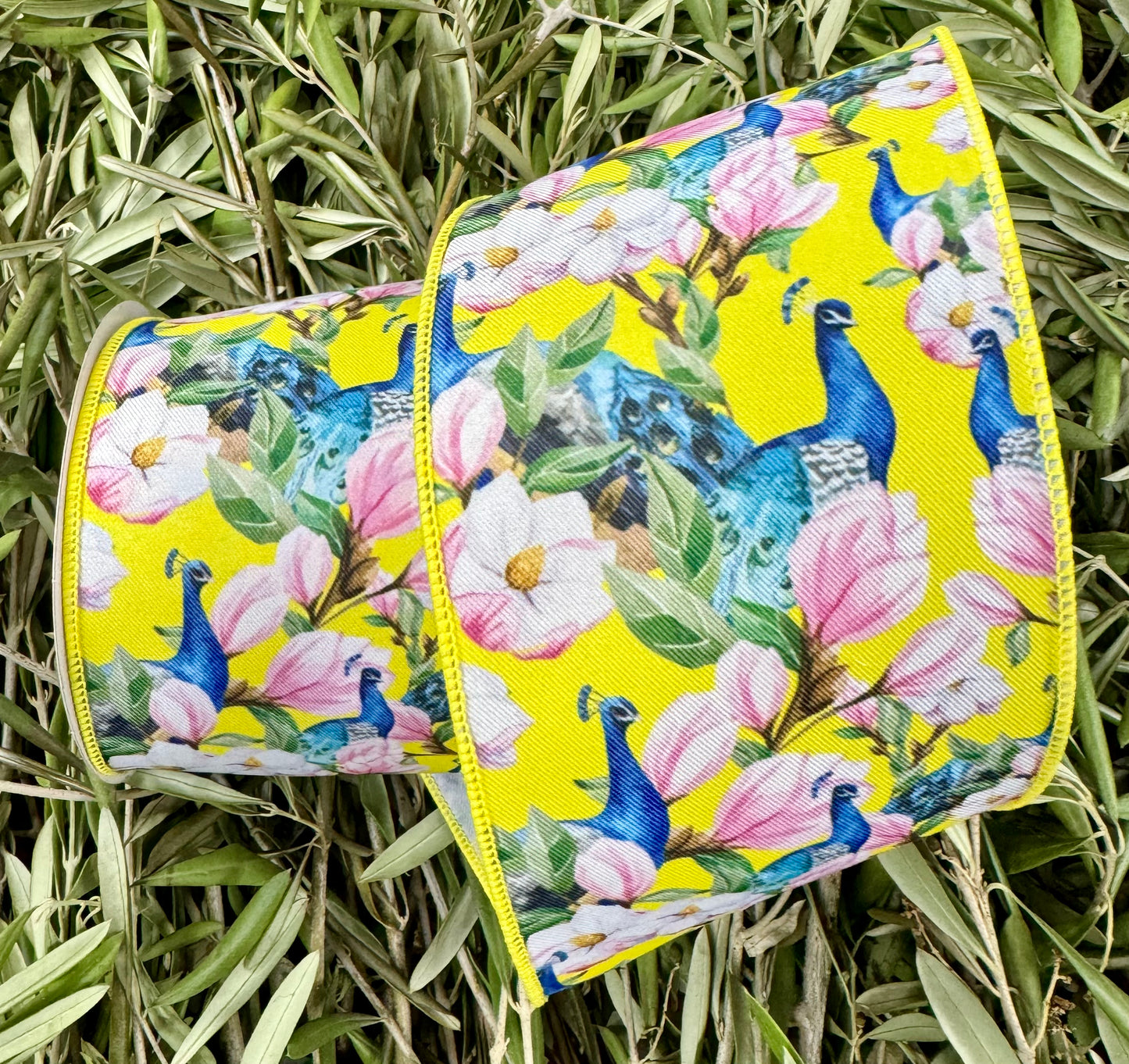 Peacock Floral print on Bright yellow wired
Ribbon
4" x 10yd.