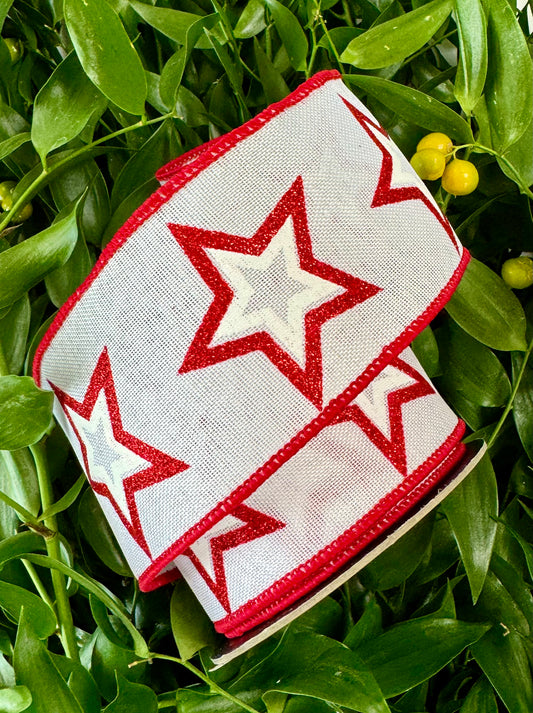 Beautiful red and white starred ribbon with glitter around the star. Wired ribbon. 2.5 in x 10 yards ￼