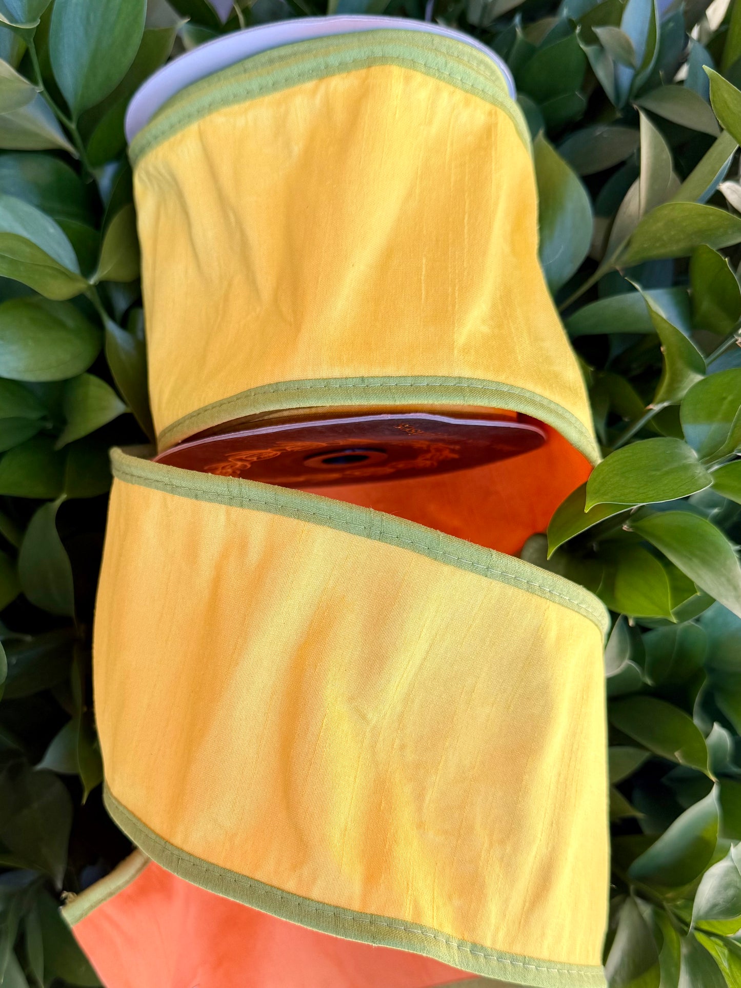 JME heavy wired ribbon. YELLOW/MOSS/ORANGE Tri-Colored Solid