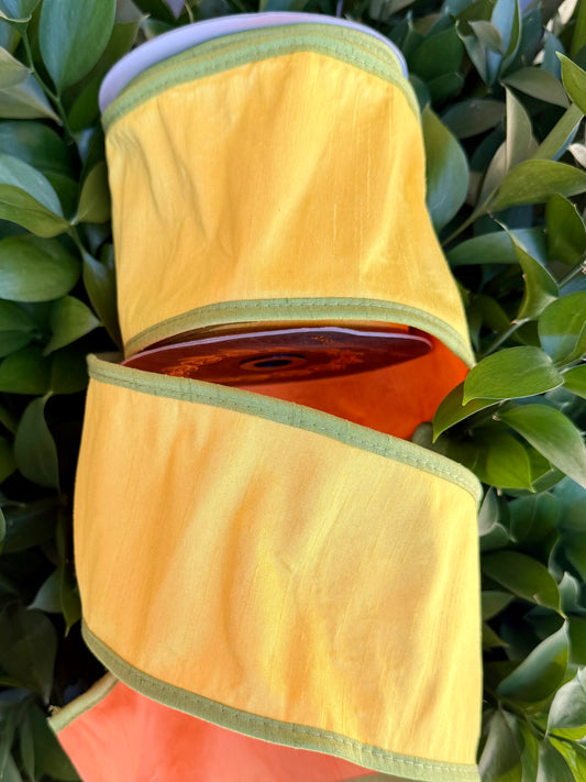 JME heavy wired ribbon. YELLOW/MOSS/ORANGE Tri-Colored Solid