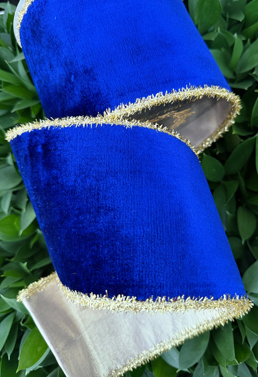 JME heavy wired ribbon. NAVY BLUE Velvet with Gold Tinsel Edge and Gold Metallic Back