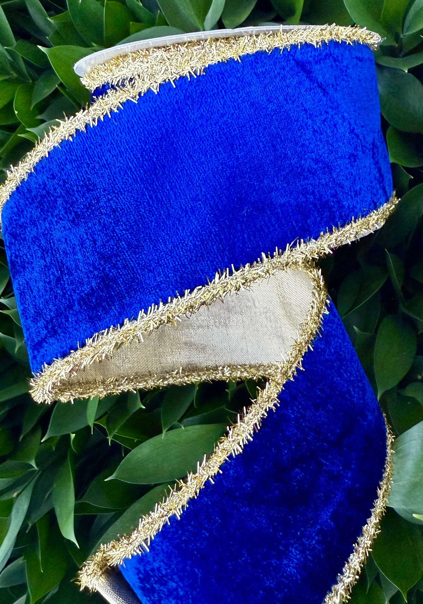 JME heavy wired ribbon. NAVY BLUE Velvet with Gold Tinsel Edge and Gold Metallic Back