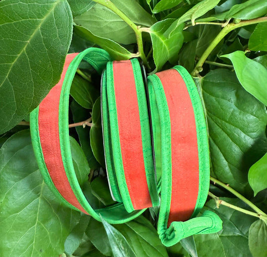 JME heavy wired ribbon. Coral velvet with Lime green dupion back 1" x 10 yards