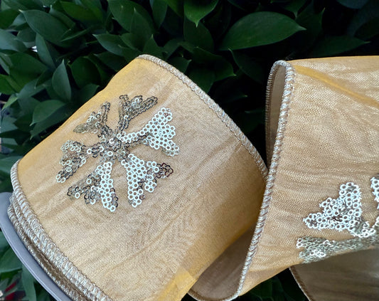 JME heavy wired ribbon. GOLD Metallic with Gold Sequin Snowflakes 4"x 10YDS