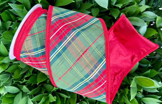 JME heavy wired ribbon. Holiday Plaid Dupion with Red Metallic Back