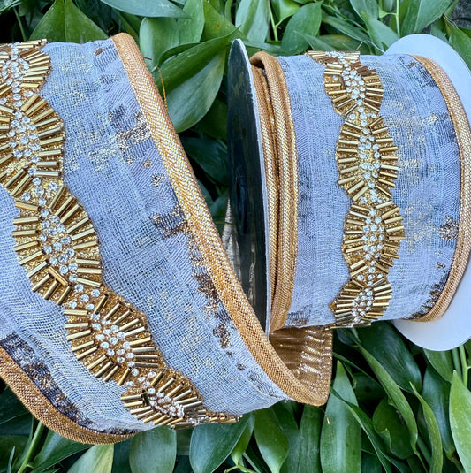 JME heavy Wired ribbon. Gold Beaded belt w Metallic bark Pattern and gold Backing and piped. Ribbon 2.5"x5YD