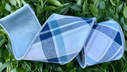 JME Blue and White diagonal Plaid With light blue Velvet Back. Heavy Wired Ribbon 4"x5YD