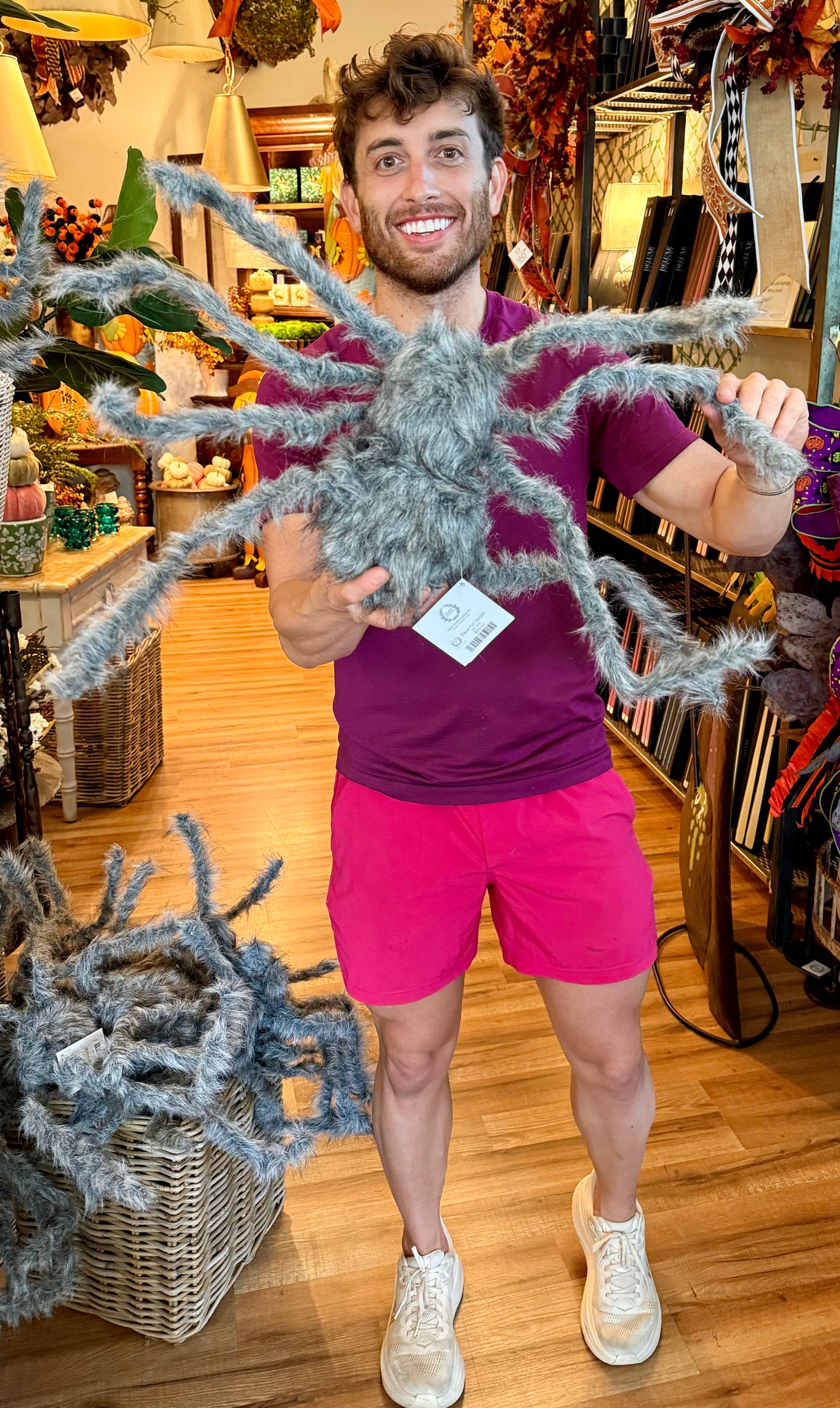 Grey Faux Fur Spider with bendable legs. 
24"Wx7H