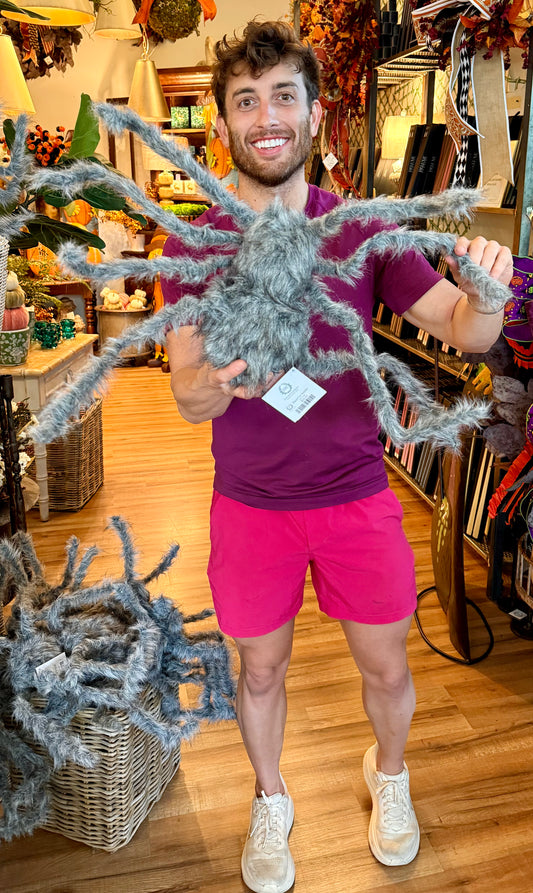 Grey Faux Fur Spider with bendable legs. 
24"Wx7H