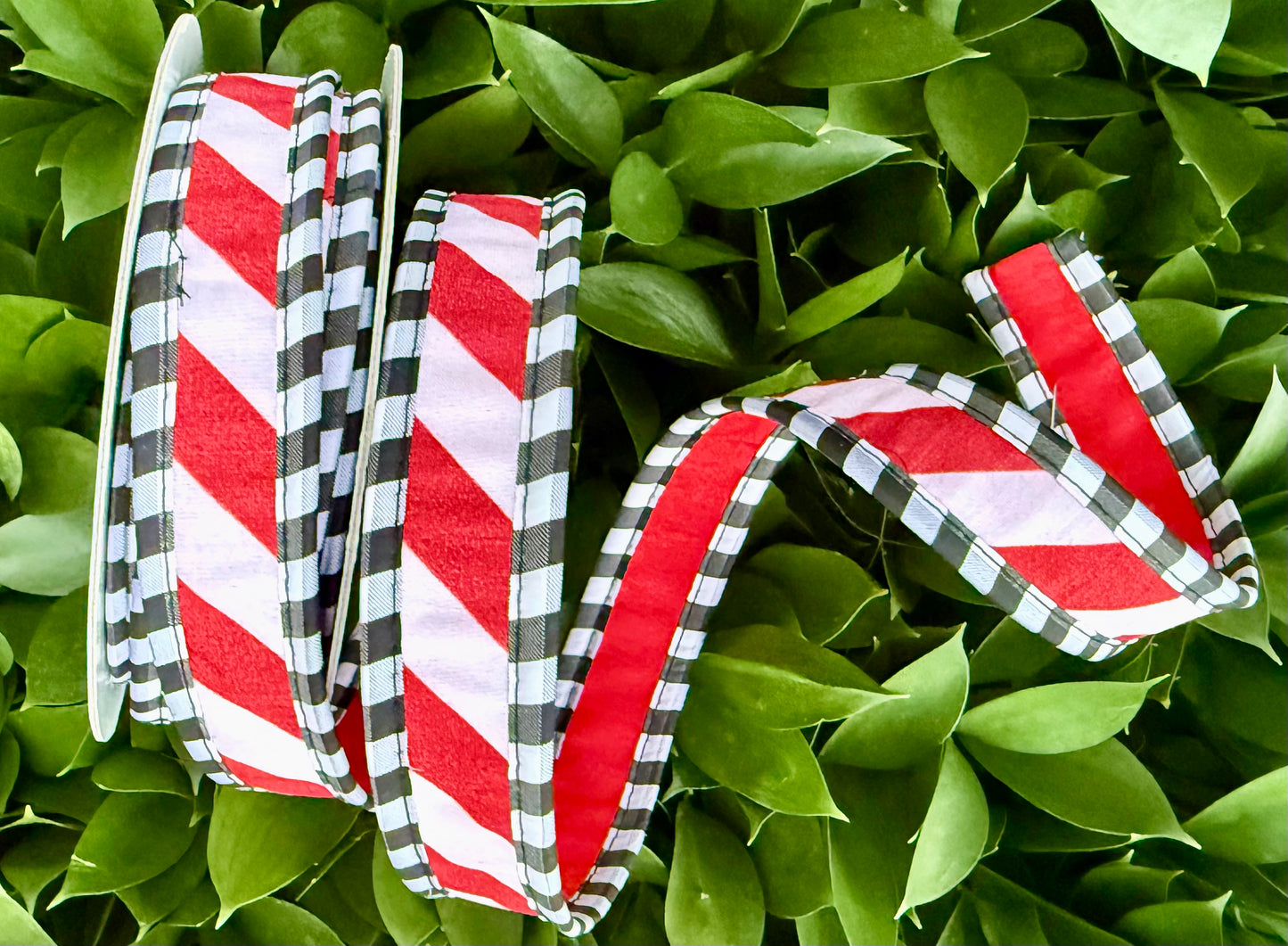 JME heavy wired ribbon. RED/WHITE Diagonal Stripes with Black/White Check Trim