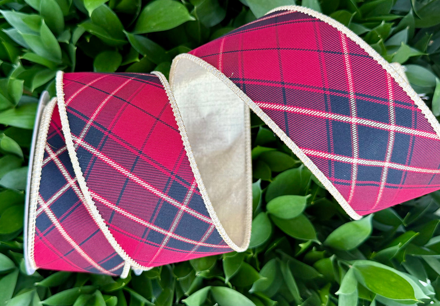 JME heavy wired ribbon. RED/GOLD Diagonal Plaid with Gold Metallic Back