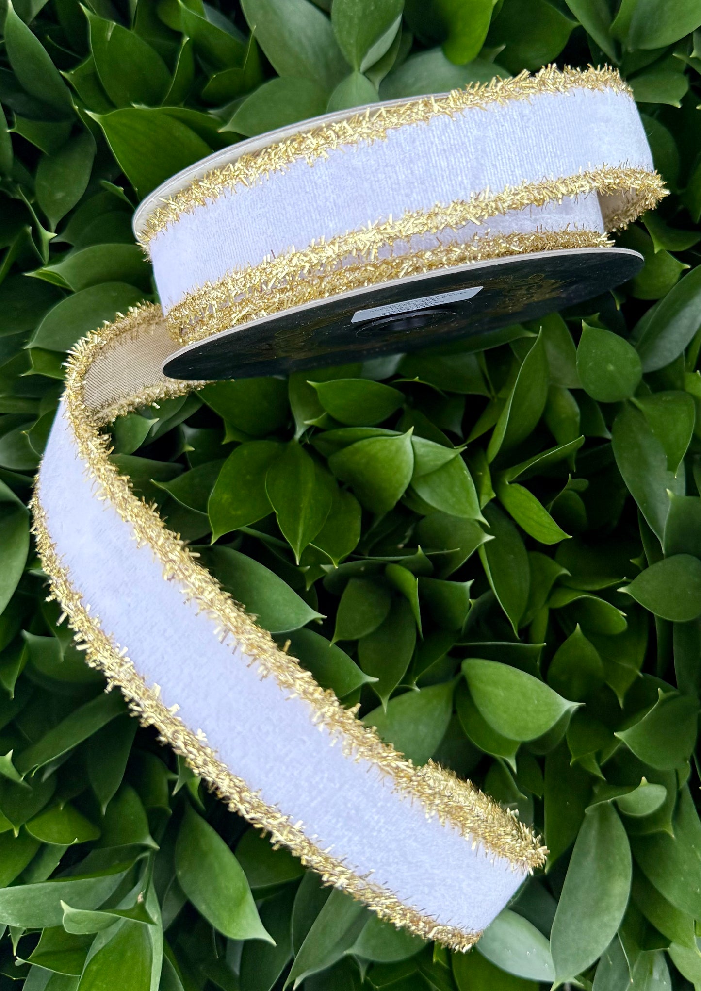 JME heavy wired ribbon. WHITE Velvet with Gold Tinsel Edge and Gold Metallic Back