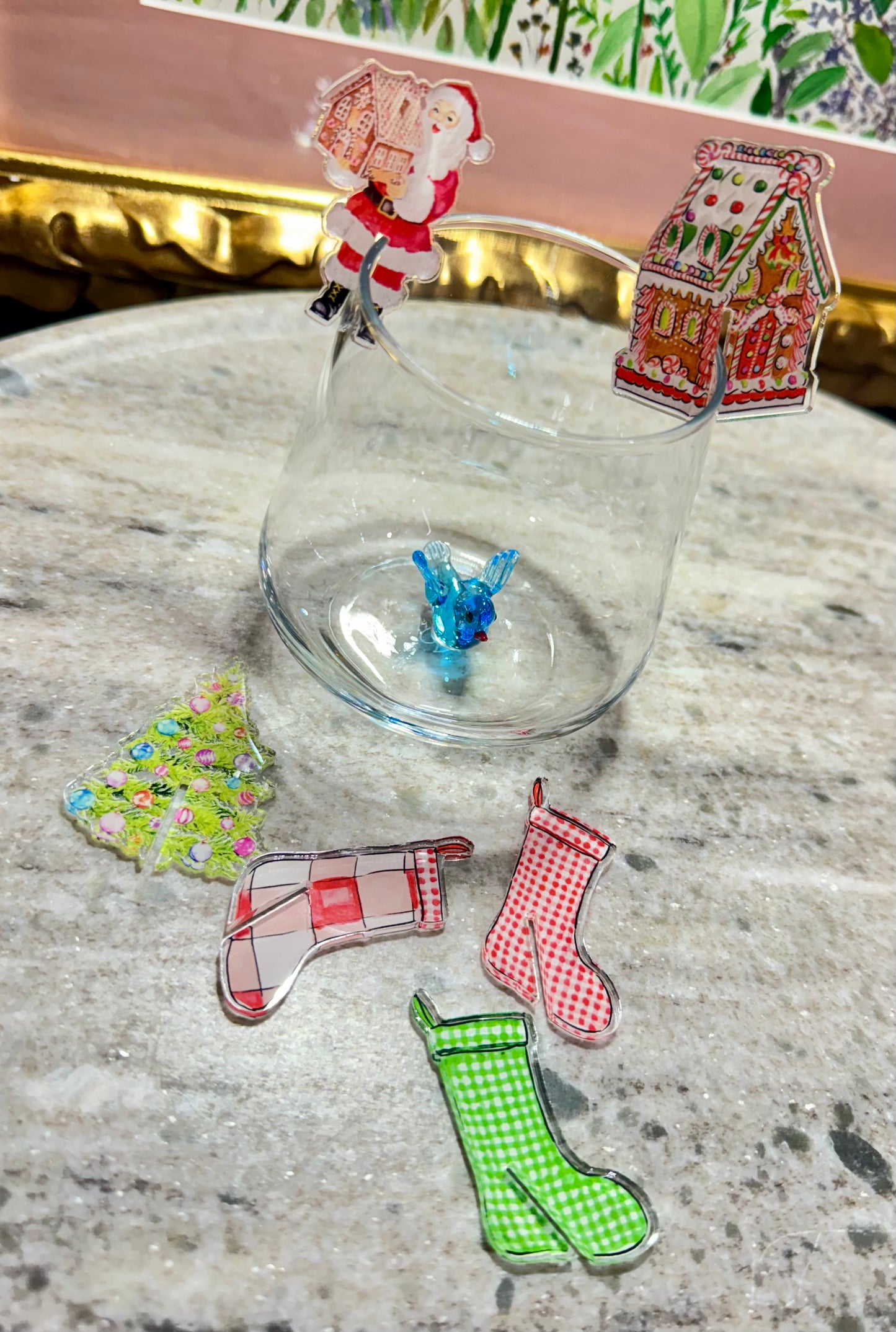 Sweet Christmas drink markers. Set of 6. Santa, stockings, gingerbread house, and Christmas tree.