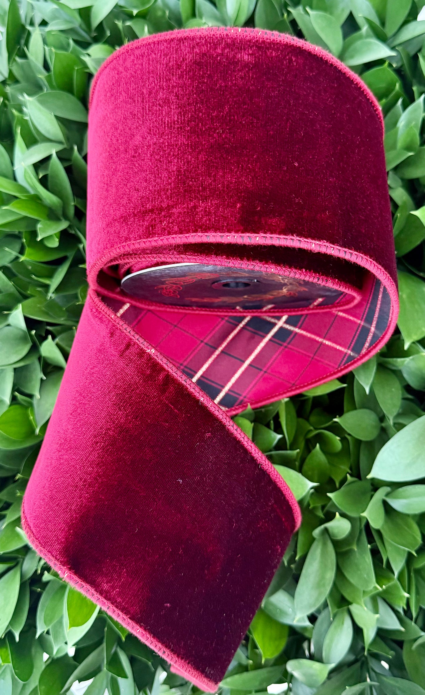 JME heavy wired ribbon. BURGUNDY Velvet with Red/Gold Plaid Back