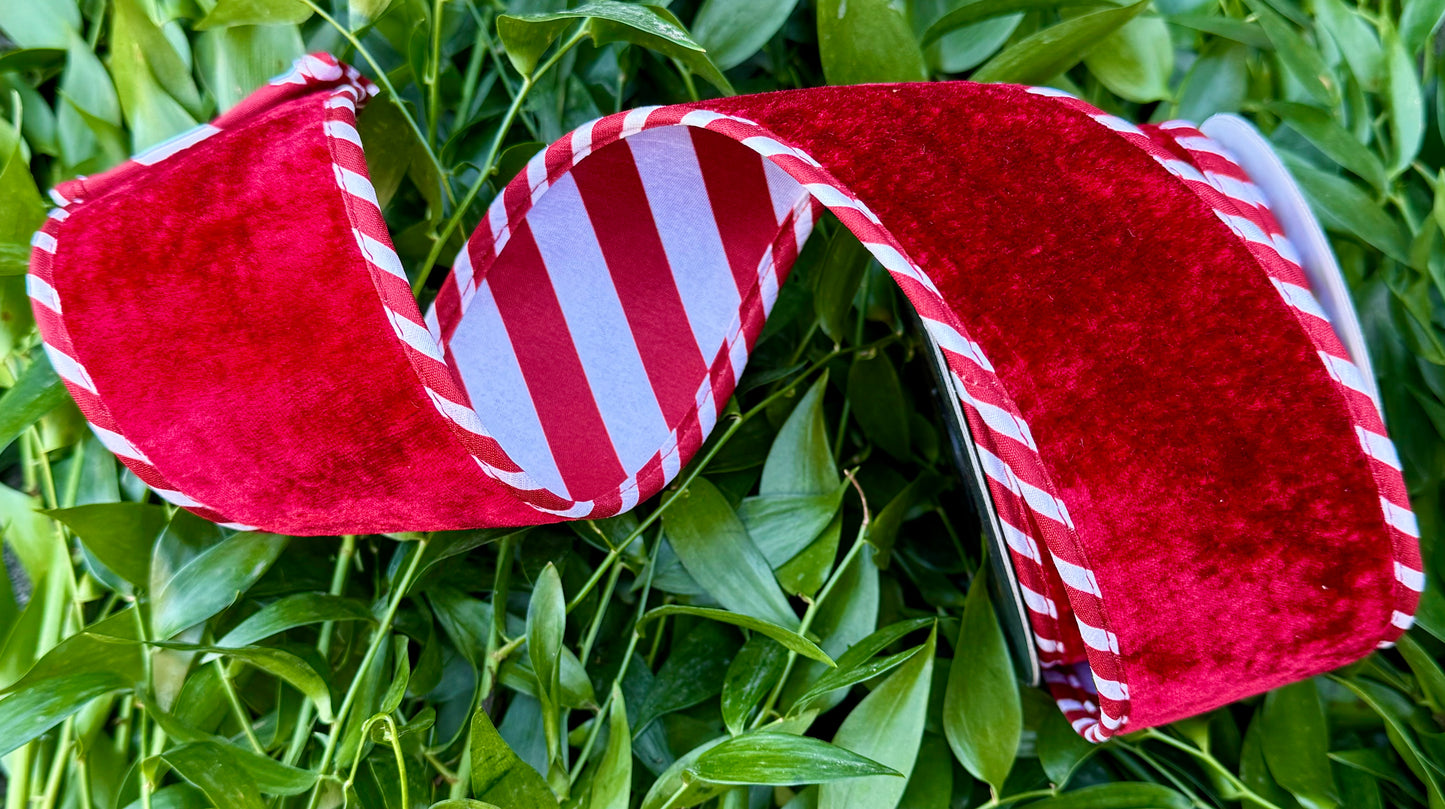 JME heavy wired ribbon. Red velvet with candy cane piping and a candy cane red and white back. 2.5“ x 5 yards.