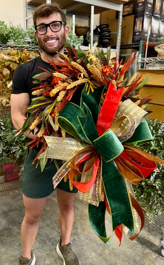 The glitzy JME fall wreath. About 24 inches in diameter.