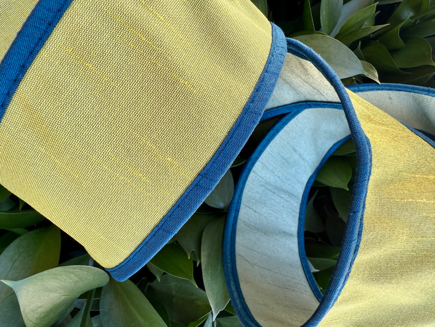 JME heavy wired ribbon. YELLOW/BLUE/SAGE Tri-Colored Solid