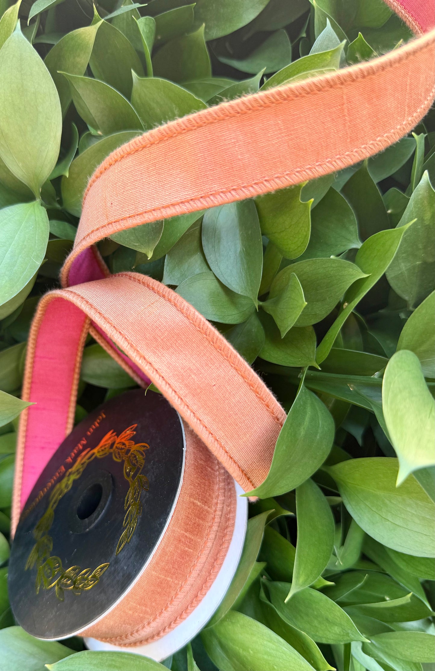 JME heavy wired ribbon. PEACH/PINK Two-Tone Solid