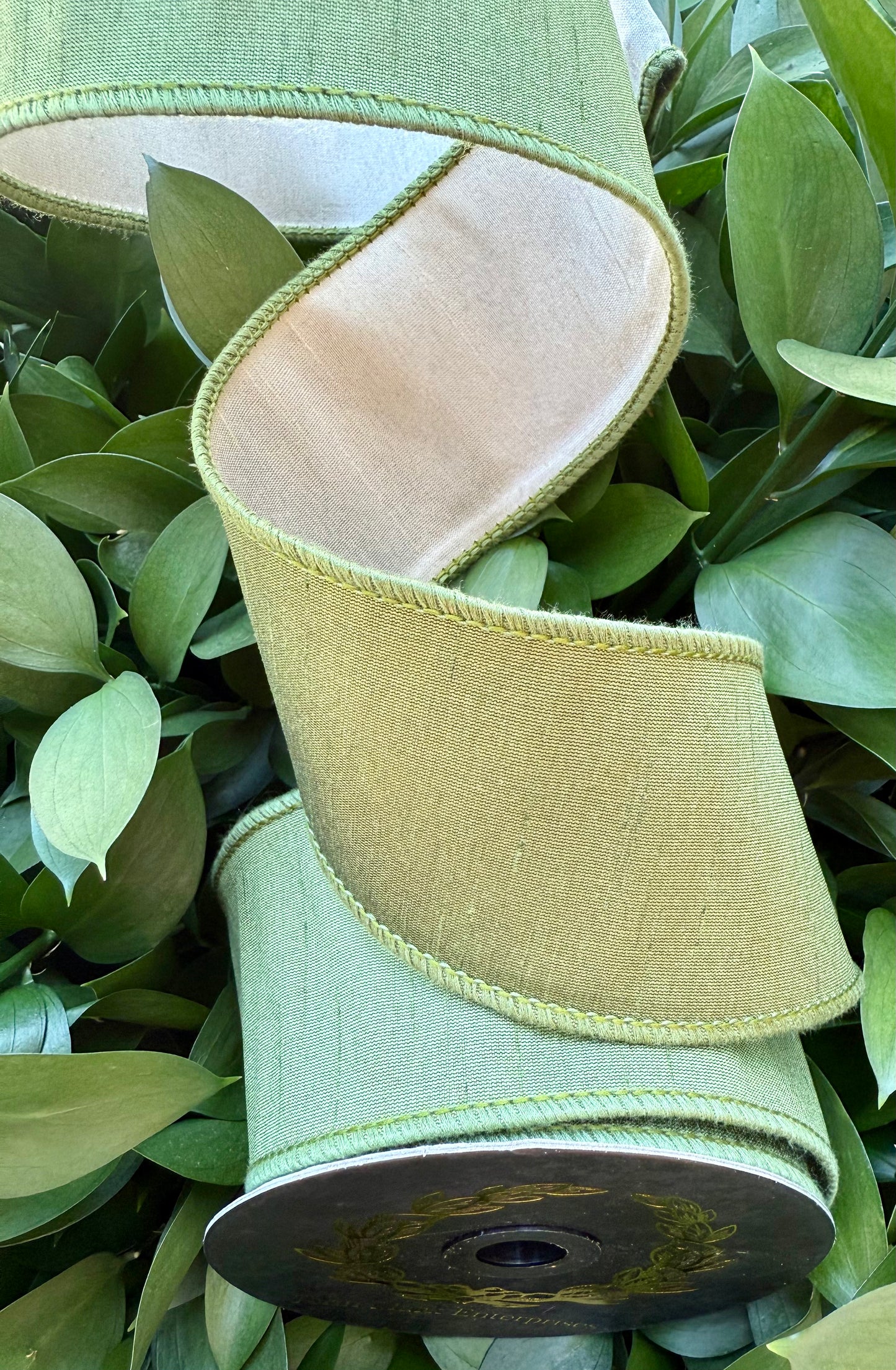 JME heavy wired ribbon. OLIVE/CREAM Two-Tone Solid