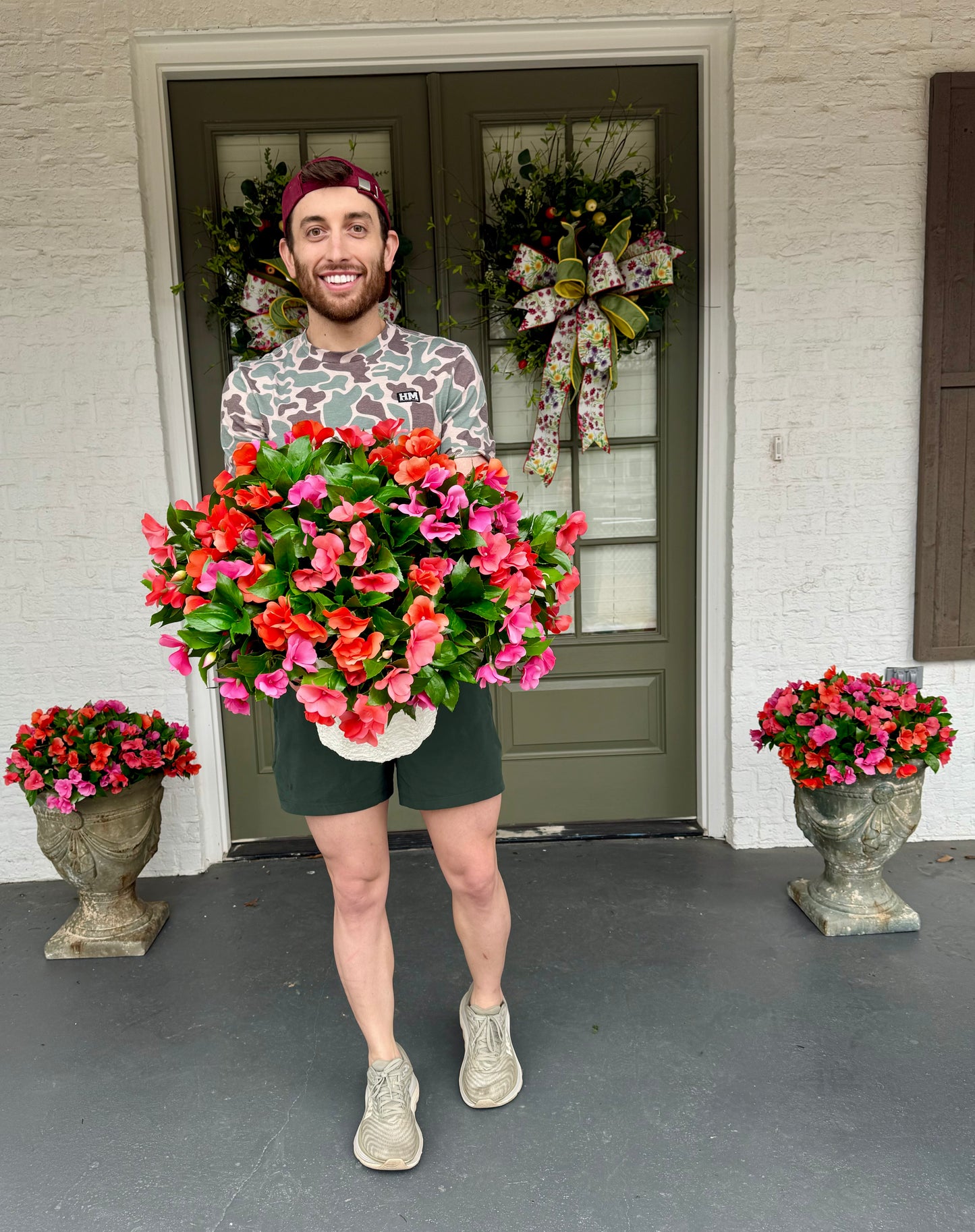 Handmade pot filler. Faux impatience. Container the flowers are in is 10inches wide by 9inches tall. Perfect to drop into your existing containers.