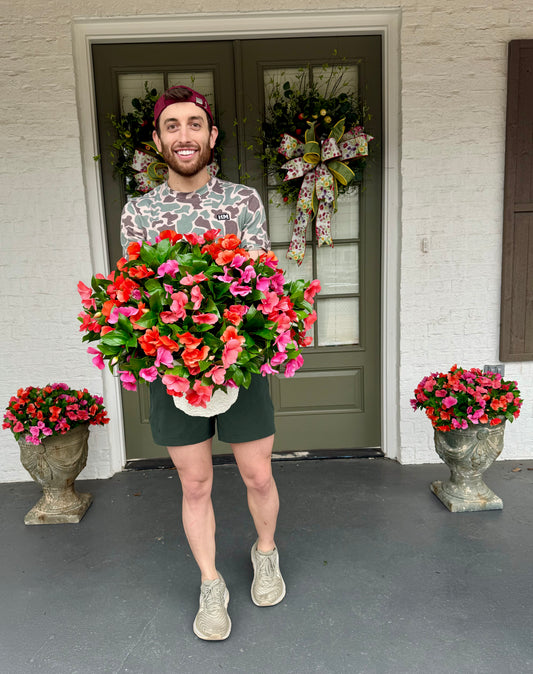 Handmade pot filler. Faux impatience. Container the flowers are in is 10inches wide by 9inches tall. Perfect to drop into your existing containers.