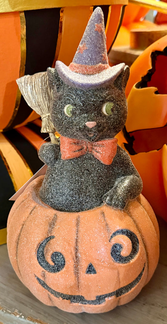 Vintage Black Cat Sitting in
Jack-o-Lantern 10.5"