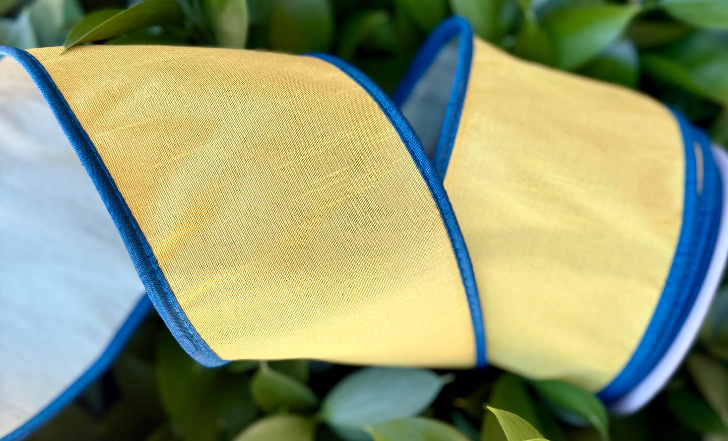 JME heavy wired ribbon. YELLOW/BLUE/SAGE Tri-Colored Solid