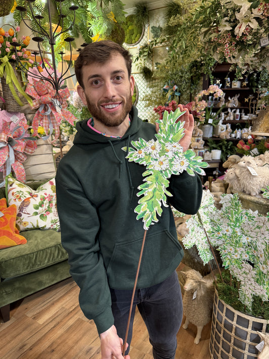 Metal CROSS with flowers and GREENERY. Comes with a hook and removable stake. Perfect for the yard, a planter, a wreath or to display. Indoor/Outdoor use. Cross size: 16 inches