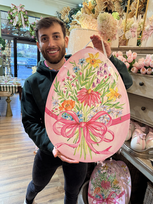 Pink egg with flower bouquet door hanger. Safe to use outside or inside.