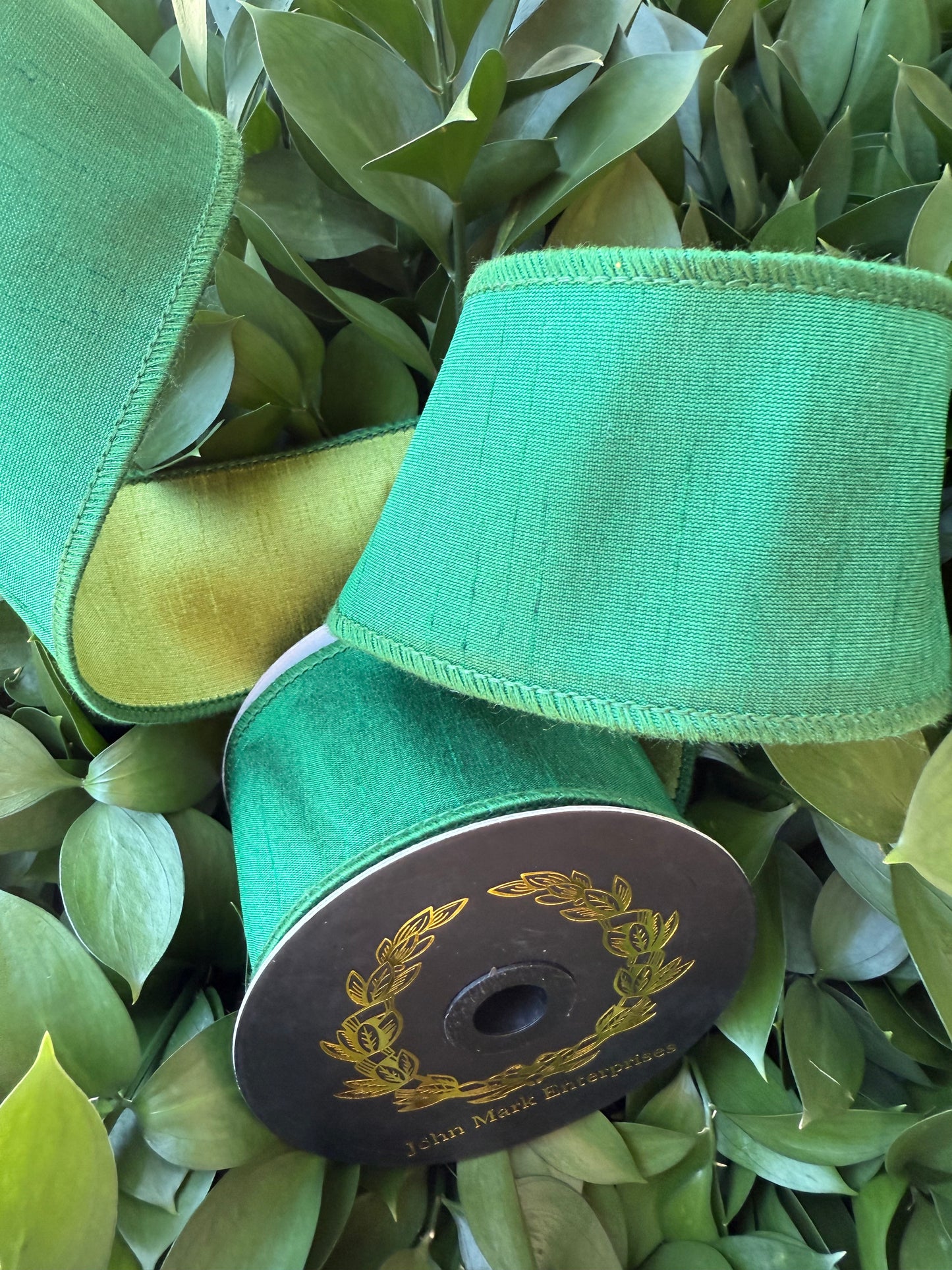 JME heavy wired ribbon. EVERGREEN/MOSS Two-Tone Solid