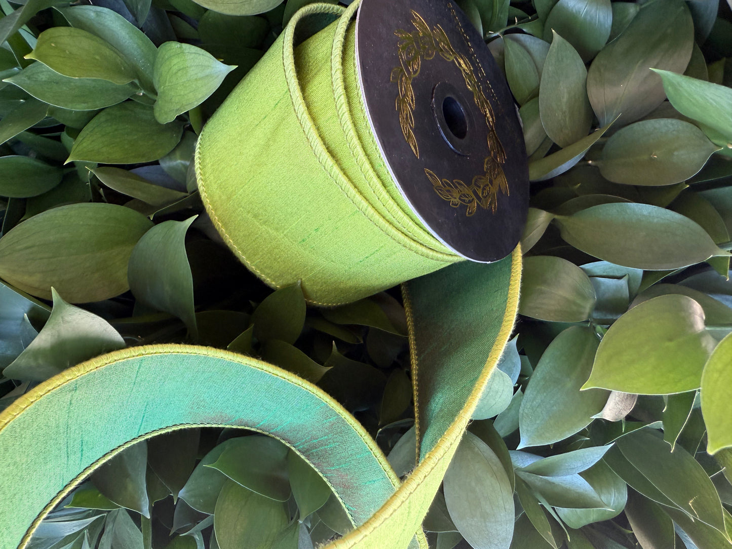 JME heavy wired ribbon. CHARTREUSE/DARK GREEN Two-Tone Solid