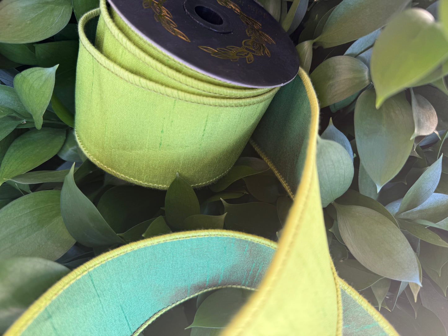 JME heavy wired ribbon. CHARTREUSE/DARK GREEN Two-Tone Solid