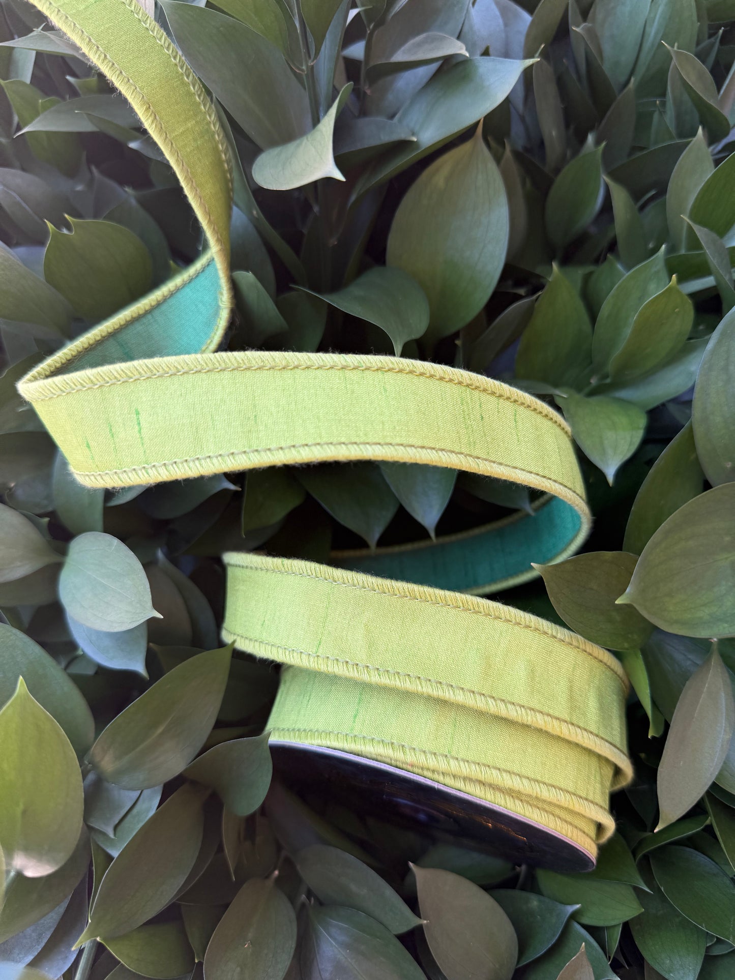 JME heavy wired ribbon. CHARTREUSE/DARK GREEN Two-Tone Solid
