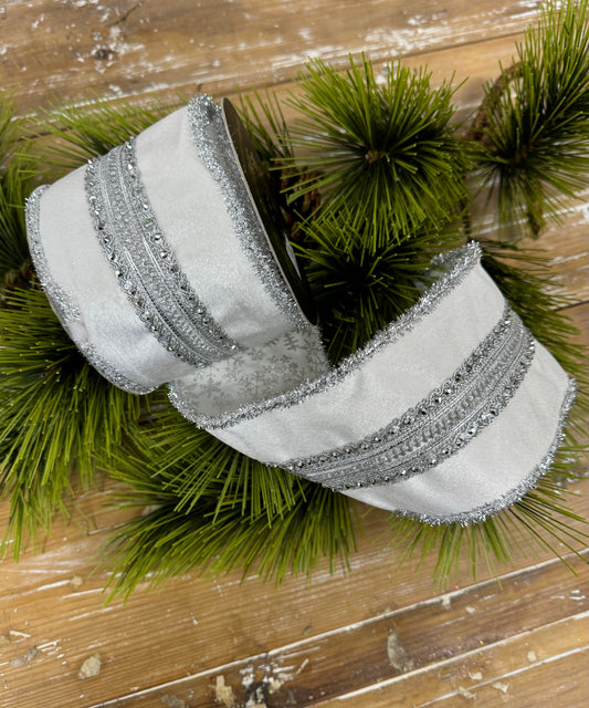 JME heavy wired ribbon double fused, White soft velvet with Sliver band and Sliver tinsel piping with White back and Silver snowflakes 4"x 5yds