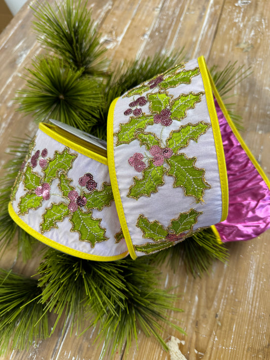 JME heavy wired ribbon, White dupion with embroidered holly leaf design and yellow piping with hot pink metallic back  4"x 10yds