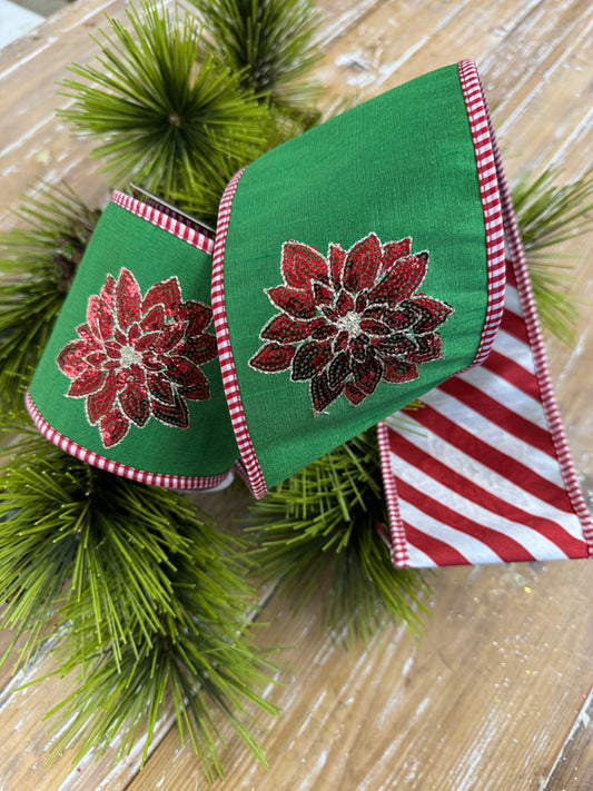 JME heavy wired ribbon, Green and Red sequin poinsettia with Candy Cane Stripe Back 4"x 5yds