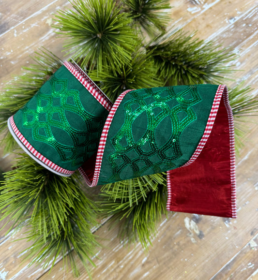 JME heavy wired ribbon, Green dupion with a Green sequin pattern and Red and White checked piping, with Red Metallic Back  4"x5yds