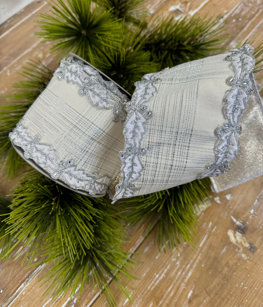 JME heavy wired ribbon double fused, Silver and White plaid with leaf jeweled edge and Champagne metallic back 4"x 5yds