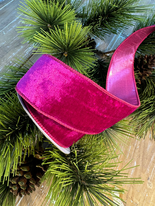 JME heavy wired ribbon. Fuchsia velvet with Fuchsia metallic back 2.5" x 10 yards