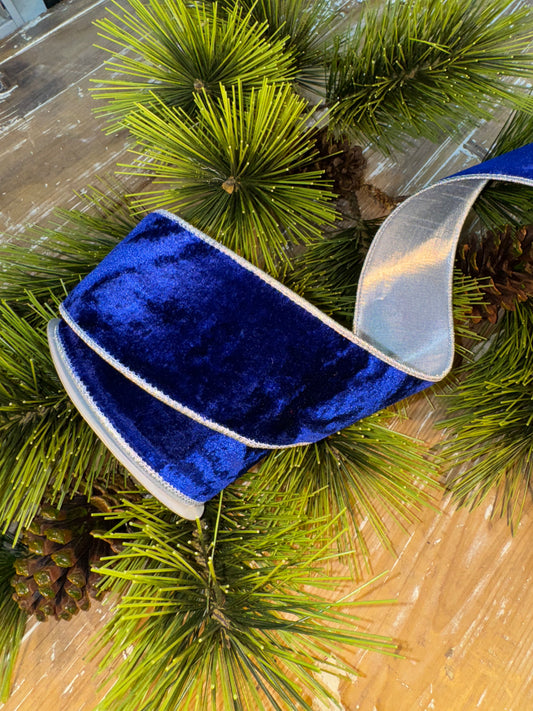 JME heavy wired ribbon. Blue velvet with Silver metallic back 2.5" x 10 yards