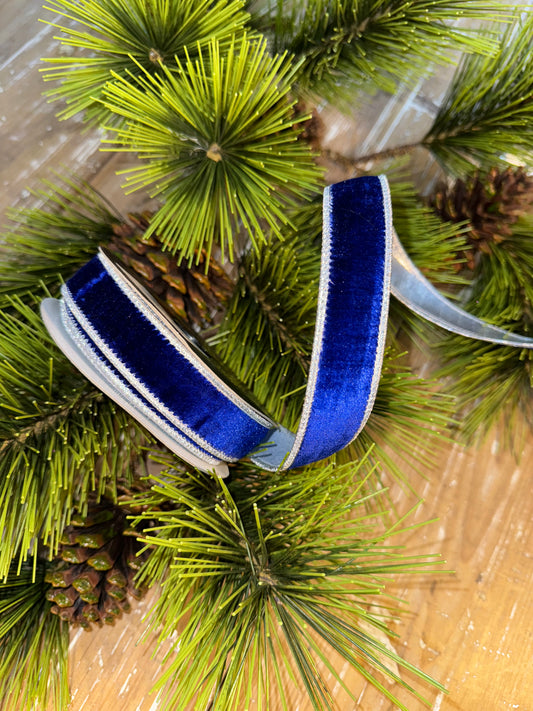 JME heavy wired ribbon. Blue velvet with Silver metallic back 1" x 10 yards