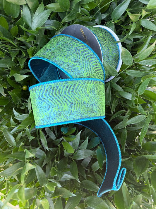 PEACOCK MIX JACQ/METALLIC DUPION FUSED 2.5"X10YD PEACOCK/TURQUOISE HEAVY WIRED RIBBON