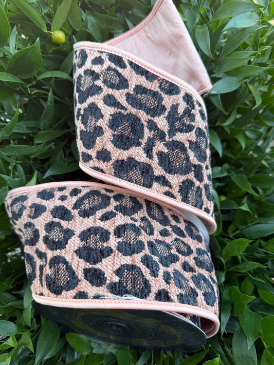 LEOPARD CHENILLE JACQ/DUPION FUSED/PIPING 4"X10YD PINK HEAVY WIRED RIBBON