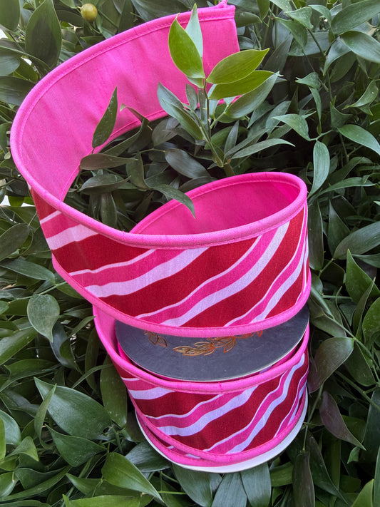 CANDY DIAG STRIPE/DUPION FUSED/PIPING 2.5"X10YD HOT PINK HEAVY WIRED RIBBON