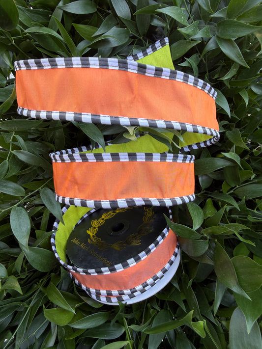 DUPION DBL FUSED/MED TAFFETA CHECK PIPING 1.5"x10YD ORANGE/GREEN HEAVY WIRED RIBBON