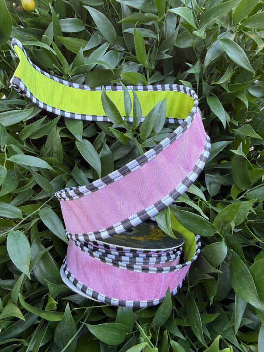 DUPION DBL FUSED/MED TAFFETA CHECK PIPING 1.5"x10YD LAV/GREEN HEAVY WIRED RIBBON
